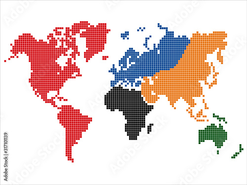 Vector image - a world map of squares with colored cardinal points
