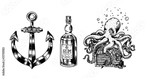 Nautical Anchor and glass bottle, Sea octopus and marine devilfish, ocean waves. Hand drawn monochrome retro engraved old sketch. Vector illustration for tattoo or emblems.