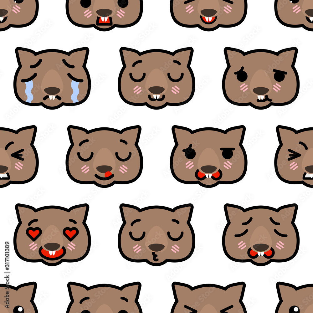 Seamless pattern with cute kawaii emoji wombats vector cartoon illustration