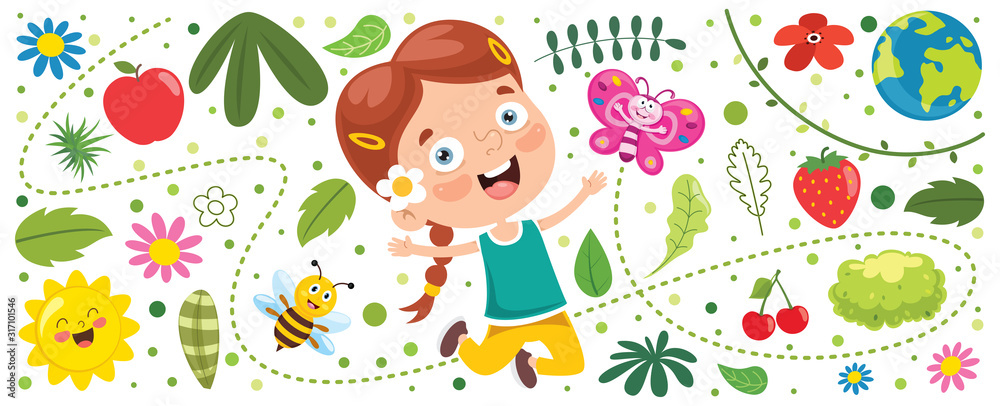 Naklejka premium Banner With Little Kid At Nature