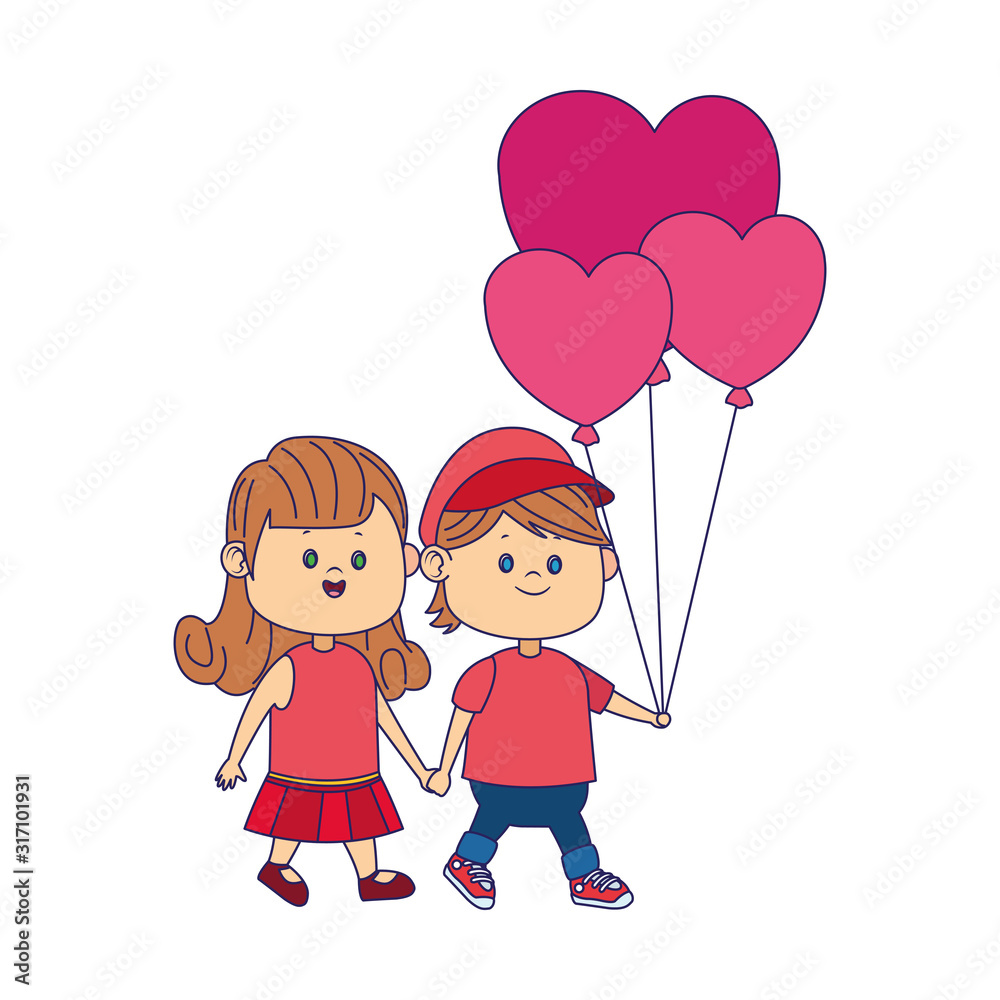 happy girl and boy walking with hearts balloons happy girl and boy walking with hearts balloons