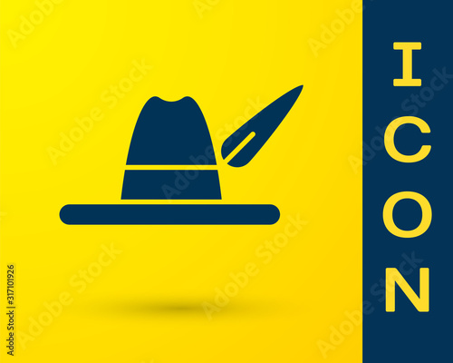 Blue Oktoberfest hat icon isolated on yellow background. Hunter hat with feather. German hat.  Vector Illustration