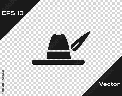Grey Oktoberfest hat icon isolated on transparent background. Hunter hat with feather. German hat.  Vector Illustration