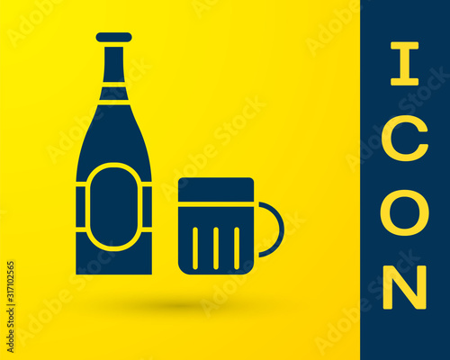 Blue Beer bottle and glass icon isolated on yellow background. Alcohol Drink symbol.  Vector Illustration