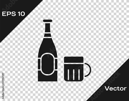Grey Beer bottle and glass icon isolated on transparent background. Alcohol Drink symbol.  Vector Illustration