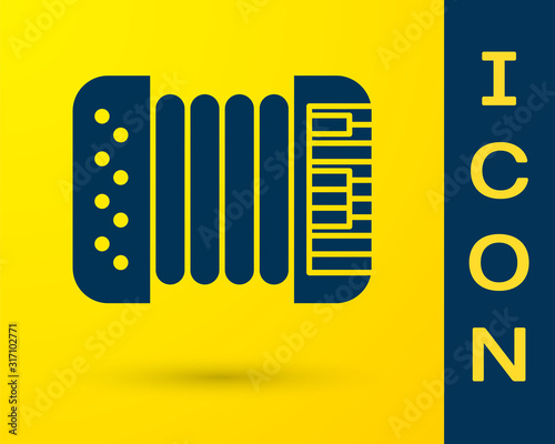Blue Musical instrument accordion icon isolated on yellow background. Classical bayan, harmonic.  Vector Illustration