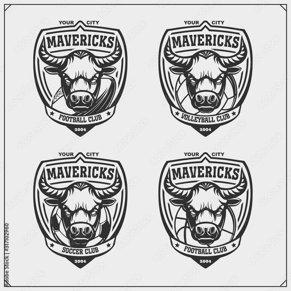 Volleyball, baseball, soccer and football logos and labels. Sport club emblems with bull. Mavericks club. Print design for t-shirt.