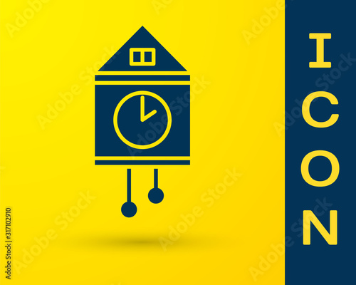 Blue Retro wall watch icon isolated on yellow background. Cuckoo clock sign. Antique pendulum clock.  Vector Illustration