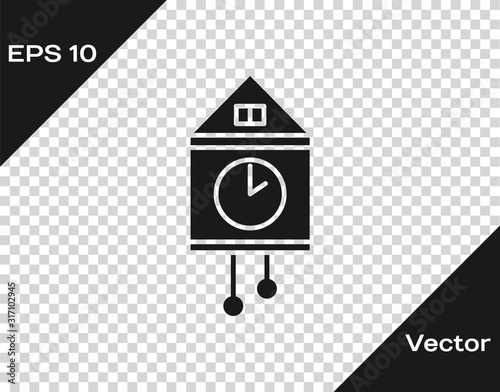 Grey Retro wall watch icon isolated on transparent background. Cuckoo clock sign. Antique pendulum clock.  Vector Illustration