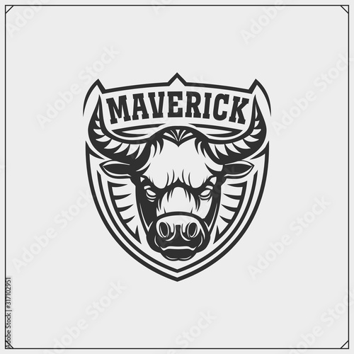 Sport club emblems with bull. Maverick. Print design for t-shirt.