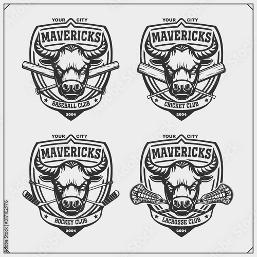 Cricket, baseball, lacrosse and hockey labels. Sport club emblems with bull. Mavericks club. Print design for t-shirt.