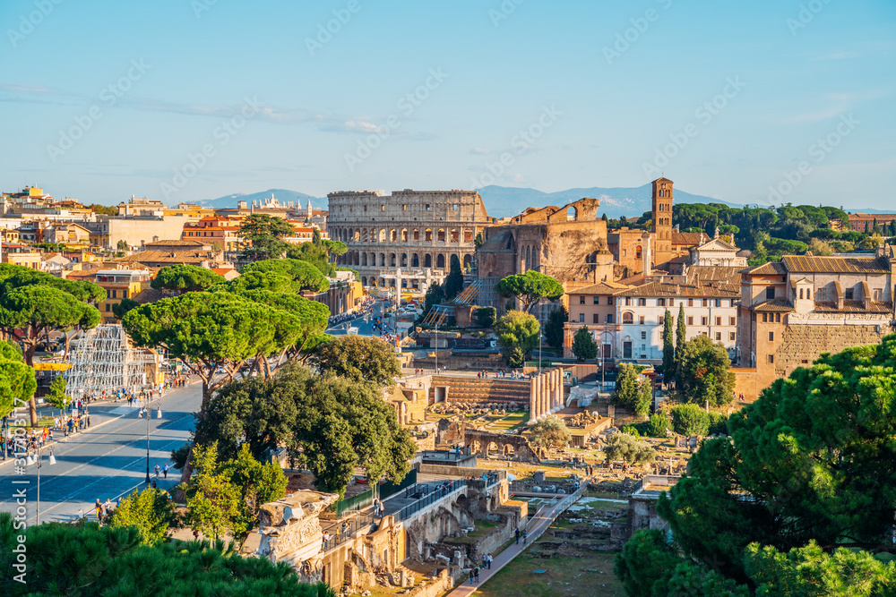 View at Coliseum and Roman Forum from above. Travel to Italy concept.
