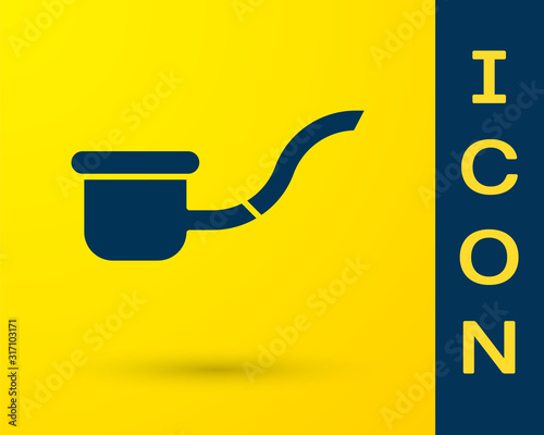 Blue Smoking pipe with smoke icon isolated on yellow background. Tobacco pipe.  Vector Illustration