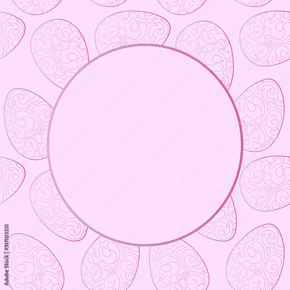 Easter pink background with eggs with patterns, with place for text, vector illustration