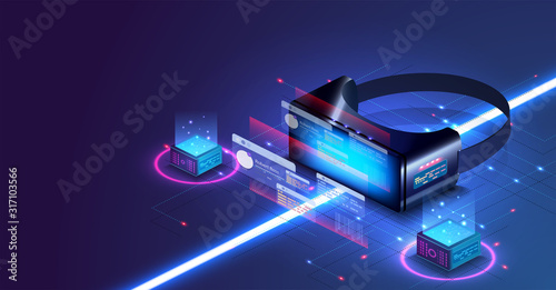 Virtual or augmented reality concept in isometric vector illustration. VR/AR glasses connection to network. Can be used as website poster or landing page design. 3D VR glasses on blue grid background