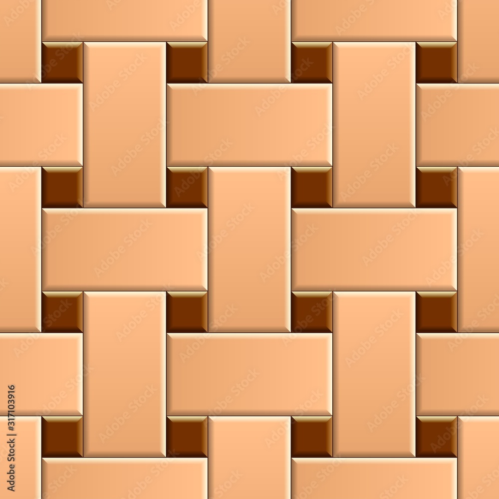 Seamless pattern of basket weave ceramic tiles. 3D repeating pattern of beige floor with brown dots