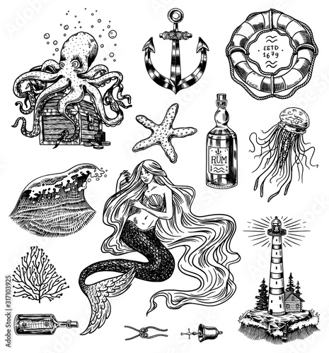 Nautical adventure set. Sea lighthouse, mermaid and marine captain, octopus and shipping sail, old sailor, ocean waves, seaman and lifebuoy. Hand drawn engraved old sketch.