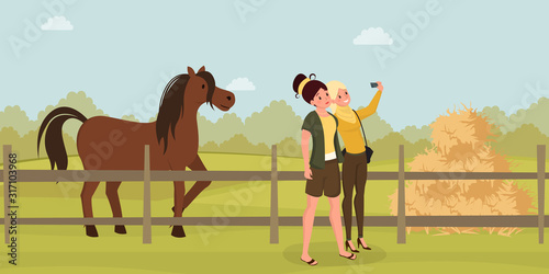 Girls selfie on farm flat illustration. Young women photographing horse cartoon characters. Female tourists visiting farmland, enjoying pastime with livestock animals, rural recreation idea