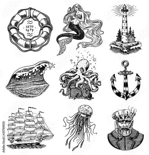 Nautical adventure set. Sea lighthouse, mermaid and marine captain, octopus and shipping sail, old sailor, ocean waves, seaman and lifebuoy. Hand drawn engraved old sketch.