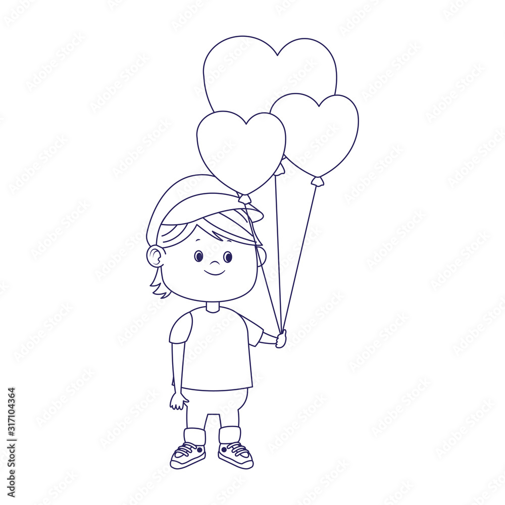 cartoon boy with hearts balloons, flat design cartoon boy with hearts balloons, flat design