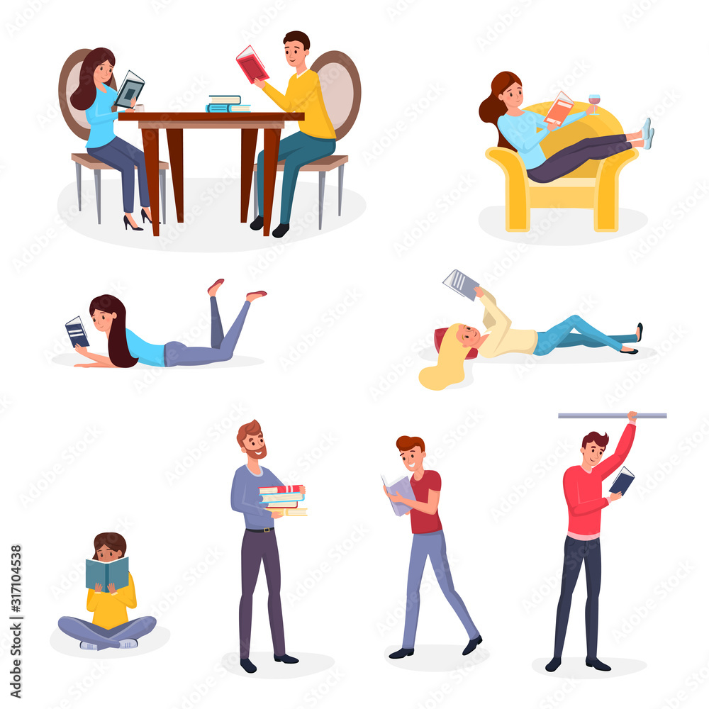 People reading books vector illustrations set. Young boys and girls with textbooks cartoon characters collection. Book lovers enjoying interesting novels, relaxing with wine, evening recreation idea