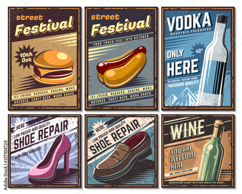 Set of retro posters in vintage style. With the image of different objects and on different topics. Old style poster, element for design.