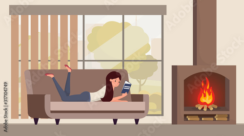 Girl reading book at home illustration. Young woman enjoying cozy atmosphere with burning fireplace, smart student with interesting novel cartoon character. Hygge lifestyle concept