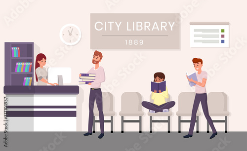 City library visitors flat vector illustration. Bearded man returning books cartoon character. Students revising for exams, pupils holding textbooks in public library, girl immersed in novel