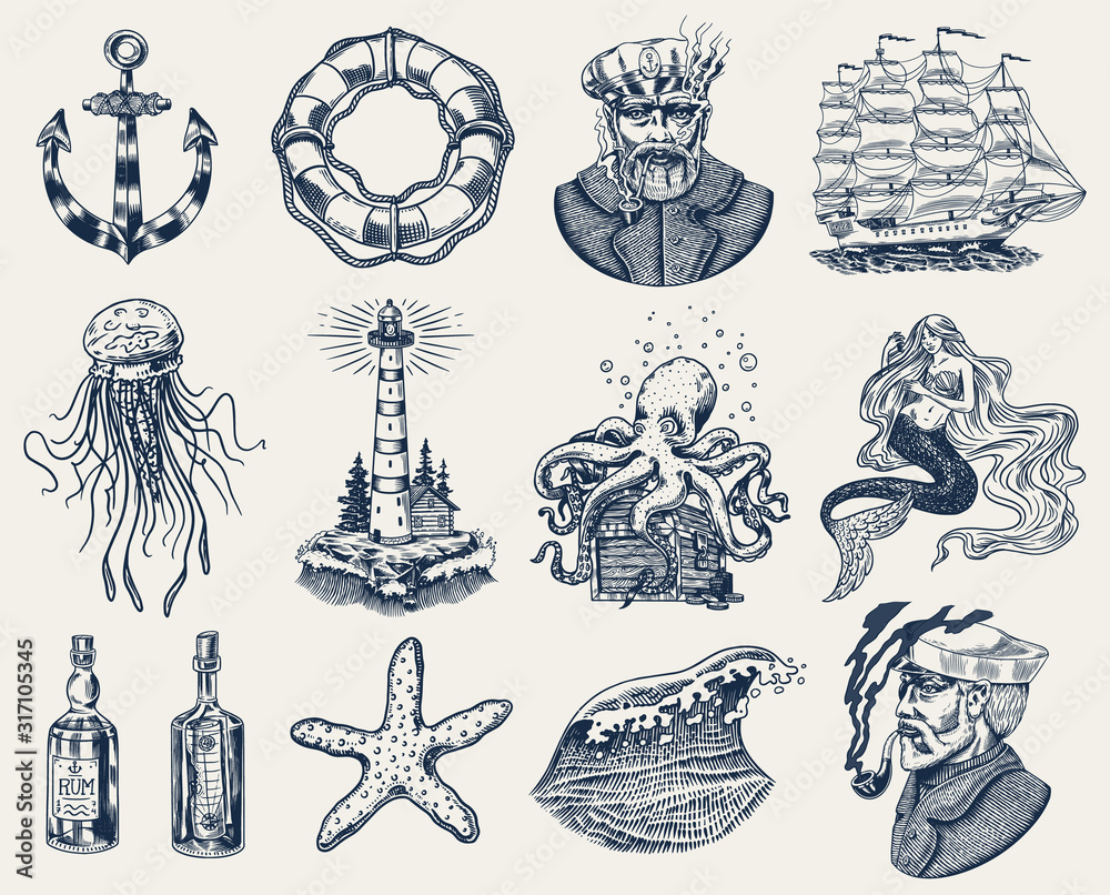 Nautical adventure set. Sea lighthouse, mermaid and marine captain, octopus  and shipping sail, old sailor, ocean waves, seaman and lifebuoy. Hand drawn  engraved old sketch. Stock Vector | Adobe Stock