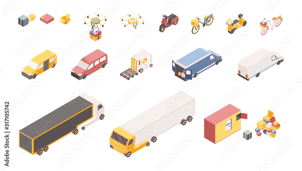Delivery service symbols isometric illustrations set. Different transportation vehicles, logistics company warehouse isolated on white background. Cartoon drones, scooters, trucks for goods shipment Delivery service symbols isometric illustrations set. Different transportation vehicles, logistics company warehouse isolated on white background. Cartoon drones, scooters, trucks for goods shipment