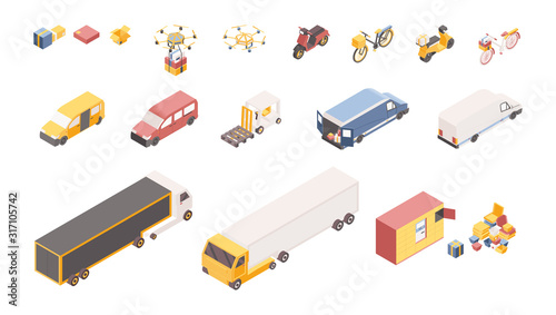 Delivery service symbols isometric illustrations set. Different transportation vehicles, logistics company warehouse isolated on white background. Cartoon drones, scooters, trucks for goods shipment