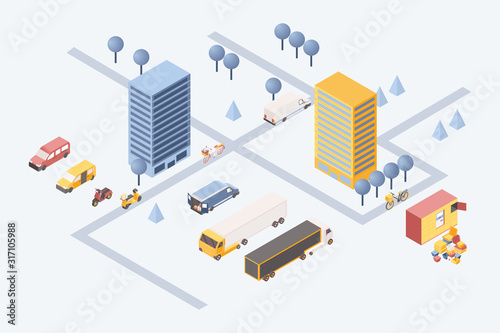 City goods delivery isometric illustration. 3d residential area with cargo vehicles, vans and scooters transporting boxes. Logistic company warehouse with parcels stack and trucks outdoors