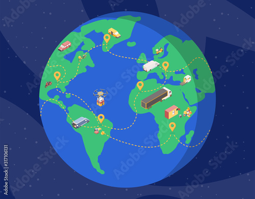 Global delivery service isometric illustration. Planet earth in space with cargo vehicles, drones carrying parcels across continents. Logistics company, international goods shipment