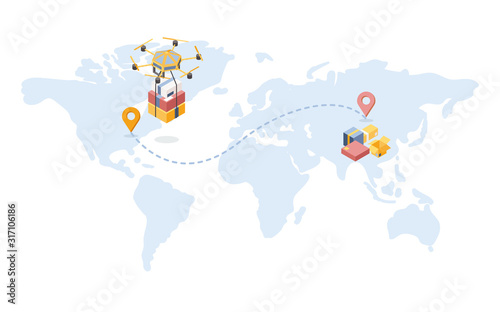 International drone delivery isometric illustration. Cartoon map with shipment route, geotags for futuristic aerial vehicle. Post office service, logistic company, express global shipping