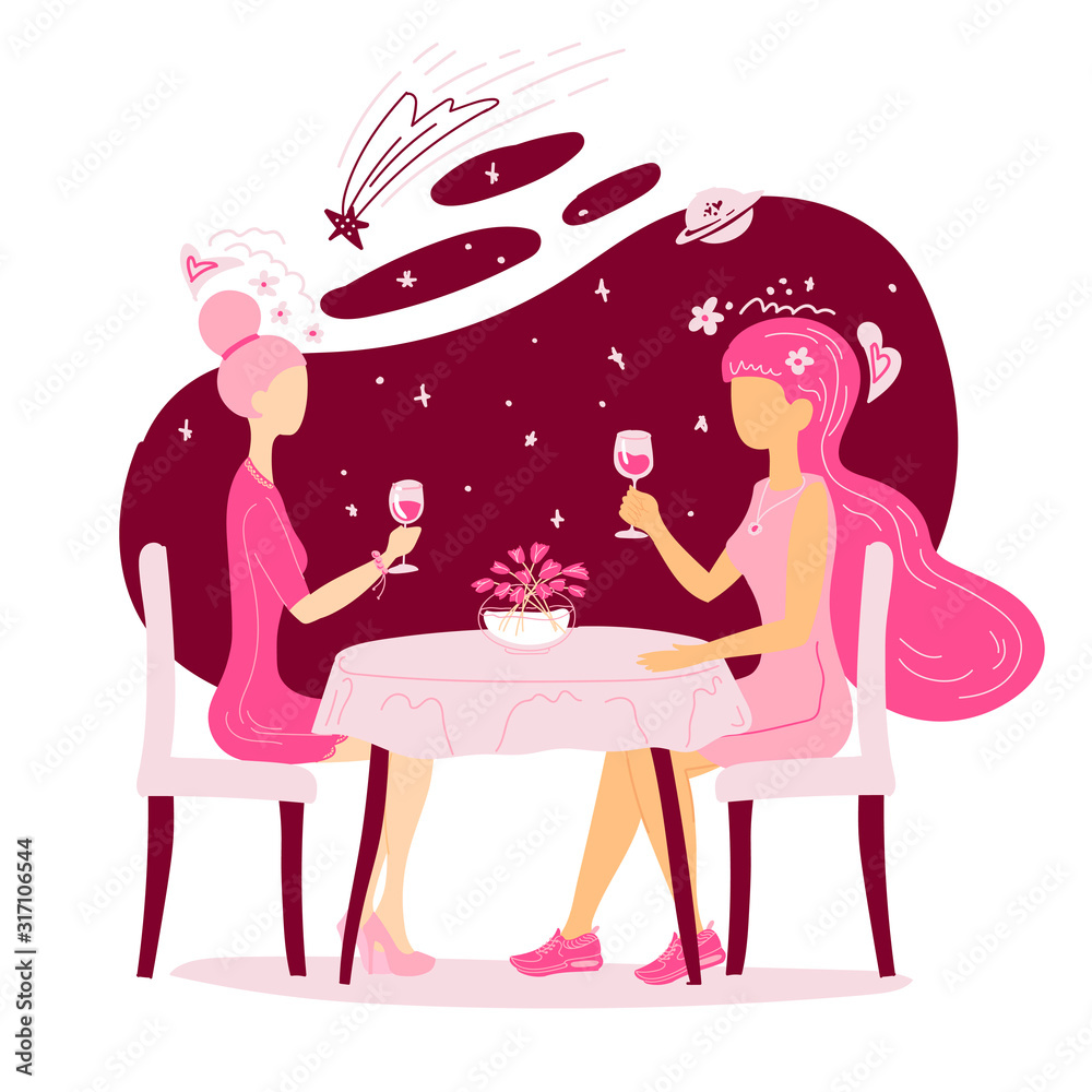 Obraz premium Couple in love on a date in a restaurant. Romantic date concept. Lesbian couple drinking wine in a restaurant. Valentine day vector illustration.