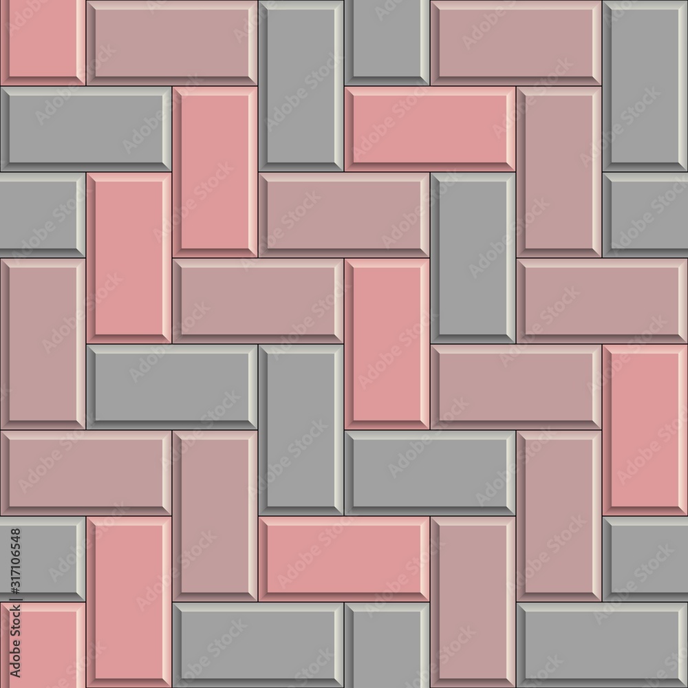 Seamless texture of gray concrete rectangular pavement bricks. 3D repeating pattern of herringbone street tiles