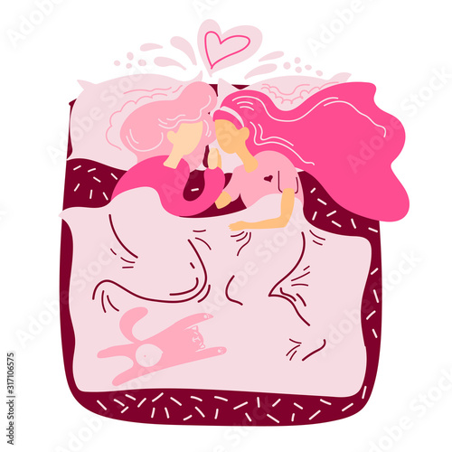 Couple in bed. Lesbian couple laying in bed  view from above. Two girls hugging in bed under the blanket  Valentines Day romantic concept. Vector illustration isolated on white. 