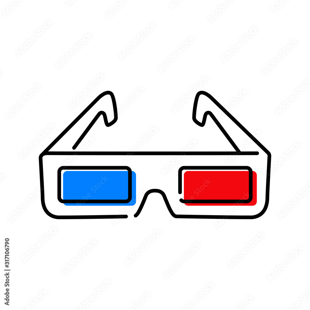 Icono plano lineal gafas de visión para películas 3D en azul y rojo