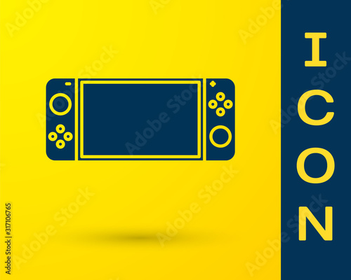 Blue Portable video game console icon isolated on yellow background. Gamepad sign. Gaming concept.  Vector Illustration