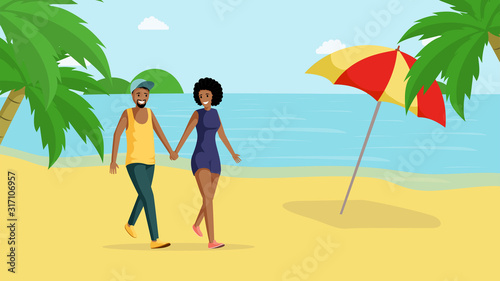 Couple on walk flat vector illustration. Smiling african american man and woman holding hands on outdoor stroll cartoon characters. Happy people on romantic date, honeymoon on exotic resort