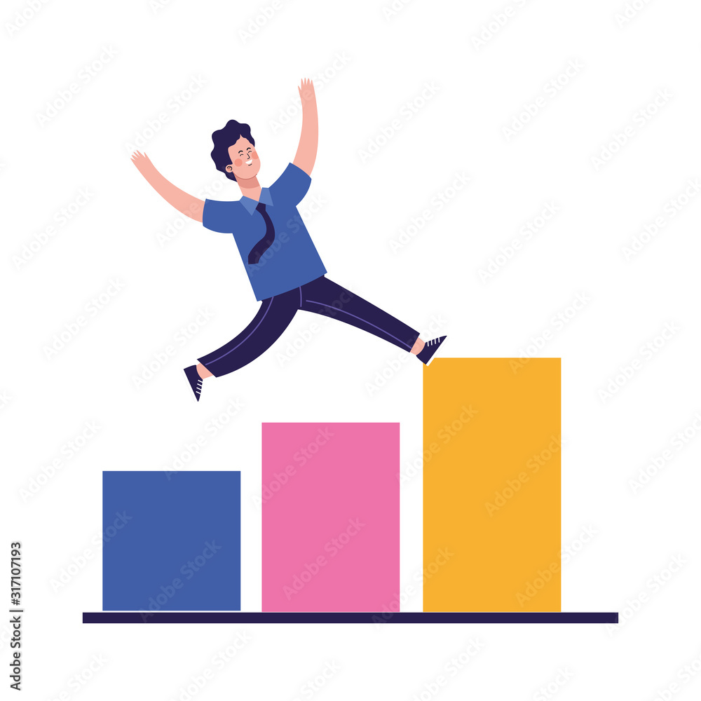 man jumping on graphic bar chart man jumping on graphic bar chart