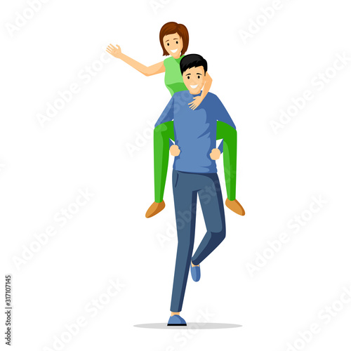 Couple having fun flat vector illustration. Playful young man and woman spend time together cartoon characters. Boyfriend carrying girlfriend, piggyback ride, romantic relationship, friendship