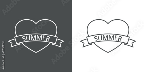 I love Summer. Icono plano lineal con corazón con palabra SUMMER en cinta en fondo gris y fondo blanco