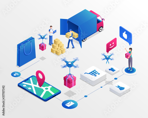 Online shopping system isometric vector illustration. Delivery service workers and happy customer cartoon characters. Drone delivering purchase, modern transportation business, e shopping concept
