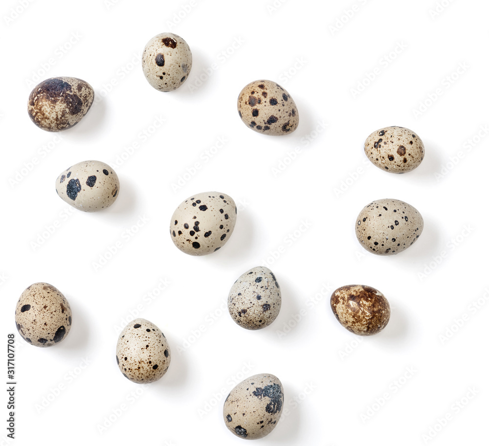 Different quail eggs on white background