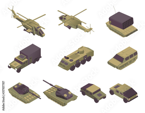 Military vehicles isometric vector illustrations set. Modern army transport, armored aircrafts, personal carriers and heavy weapons. Helicopters, APC, rocket missile launcher, truck and tanks photo