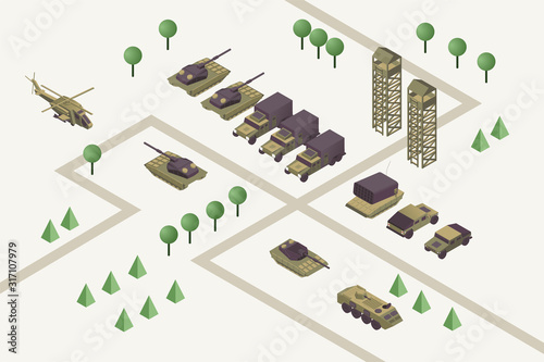 Military camp isometric vector illustration. Combat training ground with watchtowers, heavy machinery, armored helicopter, rocket missile launchers and tanks. Modern warfare area, armed conflict