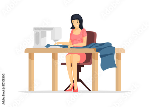 Dressmaking process flat vector illustration. Young sewing factory worker, tailor shop employee cartoon character. Happy young needlewoman using sewing machine, atelier workshop design element