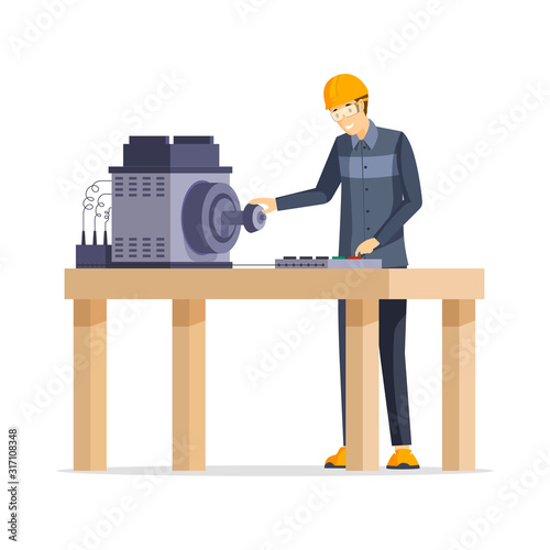 Factory worker flat vector illustration. Happy manufacturing plant employee standing behind workbench cartoon character. Smiling man in protective helmet and glasses working with industrial equipment