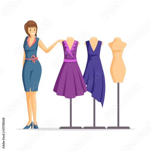Female fashion designer flat vector illustration. Cheerful dressmaker, clothing seller, model cartoon character. Garments designer and mannequins with dresses isolated on white background